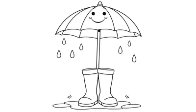 Una placa de color en blanco y negro de un paraguas sonriente con gotas de lluvia amigables cayendo sobre botas de agua alegres paradas en un charco.