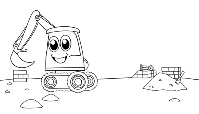 Una excavadora amigable de dibujos animados con ojos grandes y una sonrisa está trabajando en un sitio de construcción, con líneas gruesas y claras para colorear. La excavadora está cerca de una pila de ladrillos y arena, con una pala. Hay montones de arena adicionales esparcidos. ¡Lista para la pla