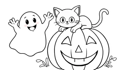 Placa de color de Halloween con un fantasma sonriente, un gato negro y una calabaza de Halloween.