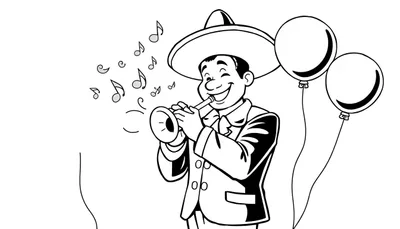 Dibujo de un mariachi tocando la trompeta con notas musicales y globos, listo para una placa de color.