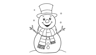 Dibujo lineal en blanco y negro de un muñeco de nieve amigable con un sombrero de copa y bufanda, listo para colorear.