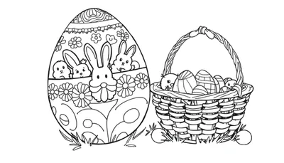 Placa de color de Pascua con un huevo decorado y una cesta de huevos, lista para colorear.