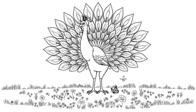 Un pavo real con su cola desplegada, rodeado de flores y hierba, listo para ser coloreado con la placa de color.