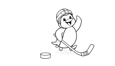 Un pingüino de dibujos animados con un casco de hockey y un palo, listo para jugar, sobre una placa de color para colorear.