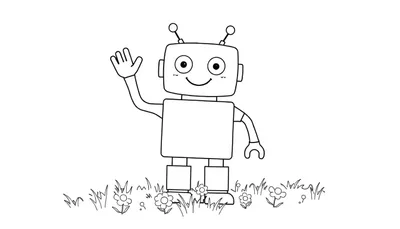 Un robot cuadrado blanco y negro con una sonrisa saluda en un jardín con flores, listo para una placa de color.