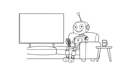 Placa de color de un robot amigable sentado en un sillón viendo la televisión.