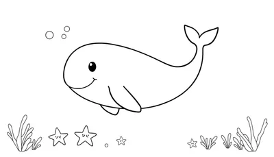 Placa de color de una ballena sonriente nadando en el océano con burbujas, algas y estrellas de mar.