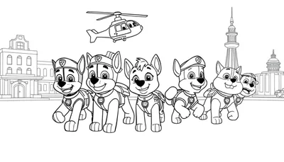 Placa de color de la Patrulla Canina con cachorros sonrientes y un helicóptero sobre una ciudad.