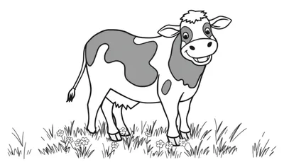 Placa de color de una vaca de dibujos animados sonriente parada en la hierba con flores.