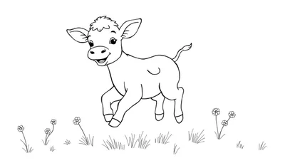 Una placa de color de un ternero de dibujos animados feliz corriendo en un prado.