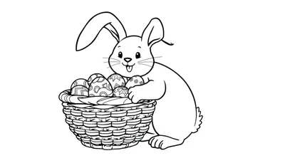 Placa de color de un conejito de Pascua con orejas largas junto a una cesta de huevos de Pascua para colorear.