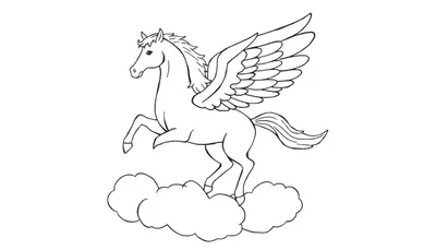 Placa de color de un Pegaso listo para ser pintado, con alas extendidas sobre nubes.