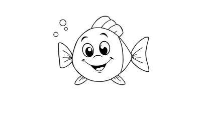 Un simpático pez de dibujos animados sonriendo con grandes ojos brillantes, aletas y burbujas, listo para colorear en una placa de color.