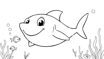Una placa de color en blanco y negro de un tiburón sonriente y caricaturesco nadando con peces pequeños y plantas marinas.