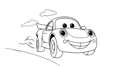Placa de color de un coche de carreras sonriente con ruedas grandes, listo para ser coloreado.