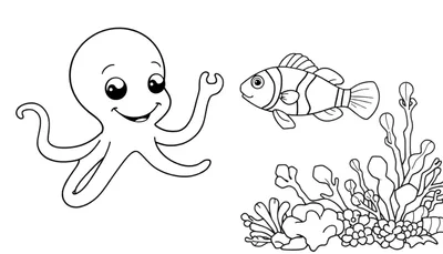 Una placa de color para colorear con un pulpo sonriente y un pez payaso.
