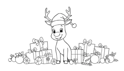 Página para colorear de Navidad: un reno amigable con un gorro de Papá Noel, rodeado de montones de regalos y adornos festivos, listo para ser coloreado.