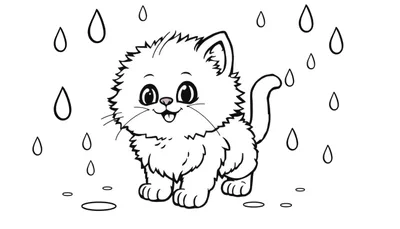 Una placa para colorear de un gatito lindo bajo la lluvia.