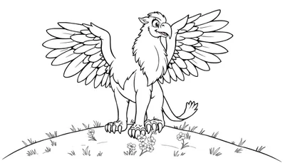 Un grifo de dibujos animados para colorear sobre una colina de hierba. Placa de color.