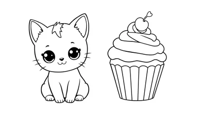 Página para colorear de un gatito kawaii con un pastelito gigante, lista para ser coloreada.