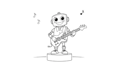 Un robot tocando un bajo en una placa de color.