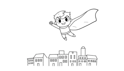 Placa de color de un pequeño superhéroe con capa volando feliz sobre una ciudad.