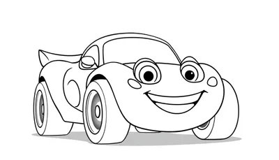 Un coche de carreras sonriente listo para colorear, con contornos gruesos en blanco y negro y una sombra gris debajo, ideal para una placa de color.