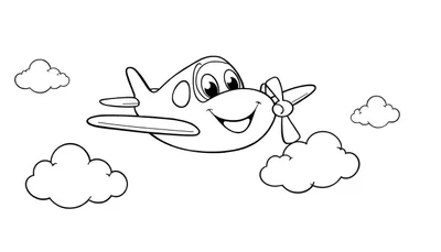 Un avión de caricatura sonriente, listo para colorear en su placa de color.