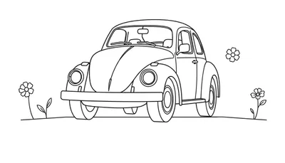 Un Volkswagen Escarabajo clásico de juguete listo para colorear, con flores alrededor. Una placa de color para dibujar.