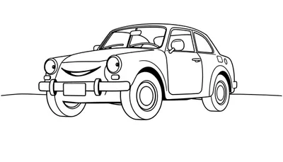 Un coche de dibujos animados de Toyota listo para colorear en blanco y negro, con grandes ruedas y una sonrisa amigable.