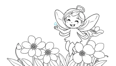Un dibujo lineal de un hada linda sonriendo y sosteniendo una gota de agua, rodeada de flores, sin color, lista para la placa de color.