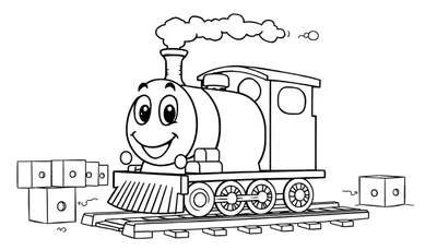 Placa de color de un tren de dibujos animados sonriente con vagones de bloques, listo para pintar.