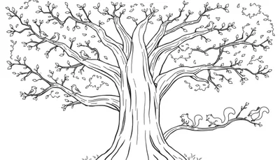 Una página para colorear en blanco y negro de un árbol amigable con pájaros y ardillas, listo para ser coloreado, con líneas limpias y detalladas, perfecto para la placa de color.