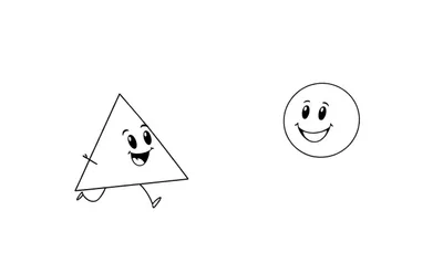 Un triángulo animado con cara y piernas sonriendo, y un círculo animado con cara riendo a su derecha, ambos sobre un fondo blanco, listos para colorear.