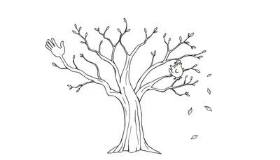 Página para colorear de un árbol con una rama en forma de mano levantada y un pájaro con sombrero en otra rama, con hojas cayendo.