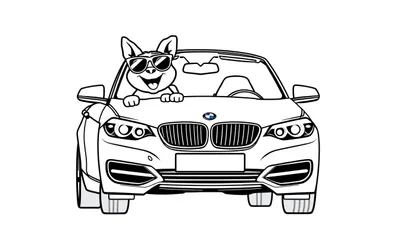Dibujo a blanco y negro de un coche descapotable BMW con un personaje de dibujo animado, parecido a un perro o zorro, asomándose por la ventana del conductor con gafas de sol y una expresión alegre, listo para ser coloreado.