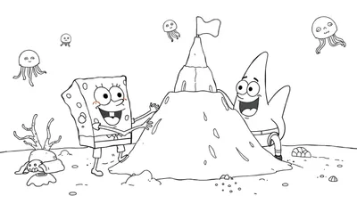 Bob Esponja y Patricio construyendo un castillo de arena con una bandera en la cima, medusas en el cielo y elementos marinos en la arena. Dibujo para colorear.