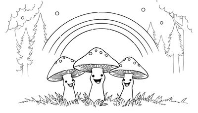Dibujo lineal en blanco y negro de un bosque para colorear con tres hongos sonrientes, un arcoíris, pinos y nubes.