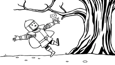 Caballero sonriente con armadura extendiendo la mano a un gatito en una rama de árbol.