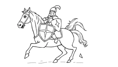 Página para colorear de un caballero en armadura completa montando un caballo galopando, con escudos detallados y un penacho en el yelmo.