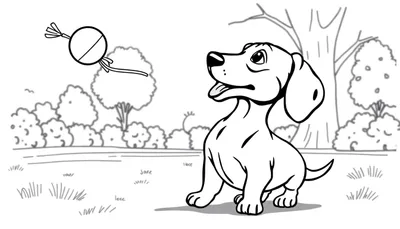 Ilustración para colorear de un cachorro de perro salchicha sentado en el césped, mirando hacia arriba con curiosidad un objeto flotante que parece un dulce o juguete. El fondo tiene árboles y arbustos.