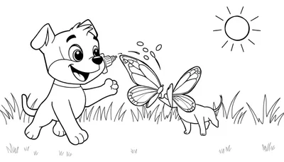 Página para colorear en blanco y negro de un cachorro rociando una mariposa con un recipiente rodeado de hierba y sol.