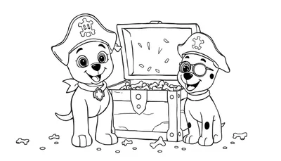 Dibujo de contorno de dos cachorros piratas con sombreros, uno con medallón y otro con monóculo, junto a un cofre del tesoro abierto lleno de huesos de perro.
