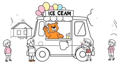 Página para colorear de un camión de helados con un oso saludando, rodeado de niños haciendo fila para comprar helado, con globos y una casa en el fondo.