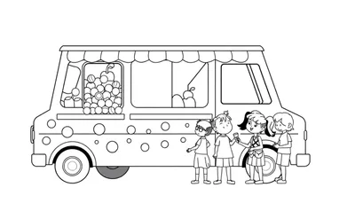 Ilustración para colorear de un camión de helados colorido con un toldo y una ventana mostrando helados, con cuatro niños parados delante, algunos sosteniendo helados.