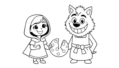 Dibujo lineal para colorear de Caperucita Roja y un lobo amistoso compartiendo una galleta.