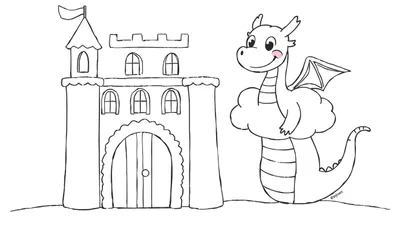 Ilustración en blanco y negro de un castillo de juguete y un dragón amigable flotando sobre una nube, lista para ser coloreada.