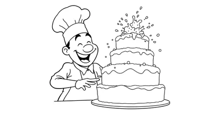 Dibujo en blanco y negro de un chef feliz señalando un pastel de varias capas con glaseado ondulado.