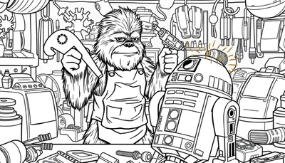 Imagen para colorear de Chewbacca arreglando a R2-D2 en un taller con herramientas.