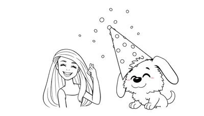 Página para colorear de una chica y un perro celebrando un cumpleaños, con burbujas flotando.